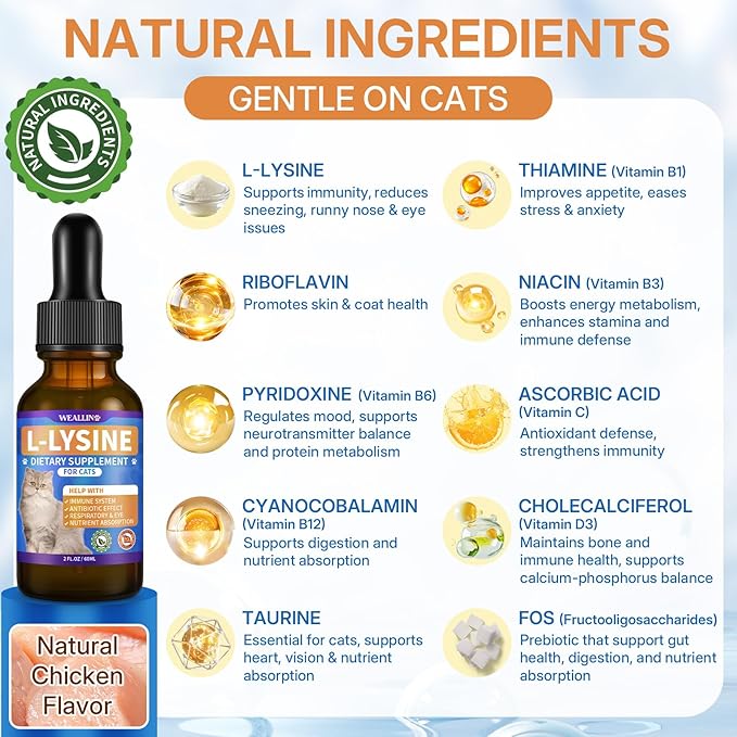 L-lysine Supplement for Cats, Immune Support for Cats, Support for Feline Respiratory, Sneezing, Runny Nose, Eye Function, Helps Strengthen Natural Defenses, Chicken Flavor (2PCS)