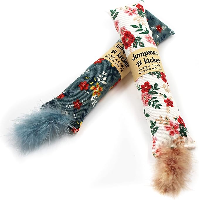 Jumpaws 2 Pack Natural Interactive Catnip & Silvervine Cat Kicker with Feathers, Bite Resistant Chew Toy, Crinkle Kicker, Accessories for Indoor Cat, Premium Corduroy Floral