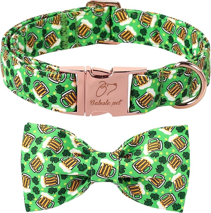 St Patricks Day Dog Collar with Bow Tie - Cotton Beer Clover Green Bowtie Dog Collar Adjustable Heavy Duty Holiday Dog Collars for Small Medium Large Dogs XL