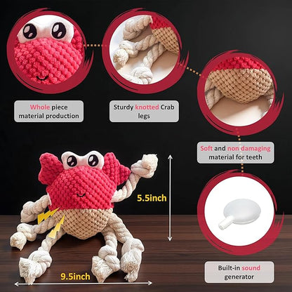 Squeaky Crab Dog Toy with Rope Legs - 5.5''X9.5'' Durable Dog Chew Toy for Small Dogs | Built-in Whistle Sounds | Teeth Cleaning | Interactive Dog Toys （RED）