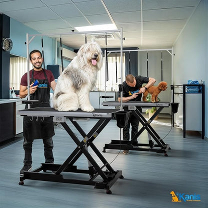 KANIS Professional Electric Dog Grooming Table - Heavy Duty, Height Adjustable Pet Grooming Table w/Leveling Wheels, Grooming Arm, Anti Slip Tabletop & Tool Organizer/Dog Grooming Station (49", BLACK)