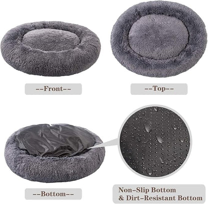 MFOX Calming Dog Bed for Medium and Large Dogs Comfortable Pet Bed Faux Fur Donut Cuddler, Grey, 27.0" L x 27.0" W x 8.0" Th