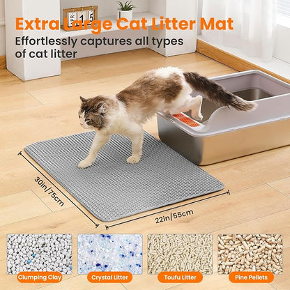 Petinstinct Extra Large Cat Litter Mat, 30x22 Inches Honeycomb Double Layer Cat Litter Trapping Mat, Non Slip Waterproof Urine Proof Large Kitty Litter Box Mat for Floor, Kitten Supplies, XL, Gray
