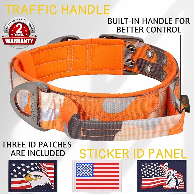 ADITYNA Heavy Duty Dog Collar for Medium Dogs - Camo Orange Collar with Handle for Training, and Walking - Wide, Thick, Tactical, Soft Neoprene Padded