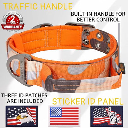 ADITYNA Heavy Duty Dog Collar for Medium Dogs - Camo Orange Collar with Handle for Training, and Walking - Wide, Thick, Tactical, Soft Neoprene Padded