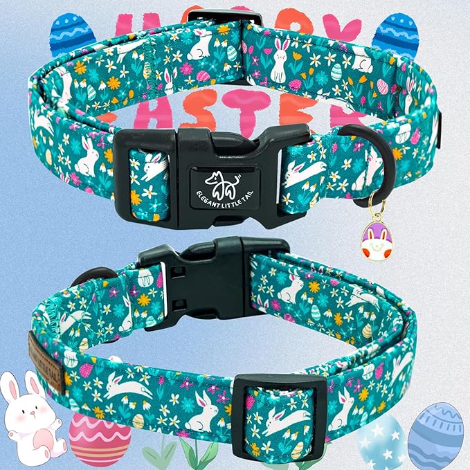 Elegant little tail Easter Dog Collar, Cute Rabbit Pattern Pet Collar Durable Holiday Girl or Boy Adjustable Cotton Pet Collar with Quick Release Buckle for Small Dogs