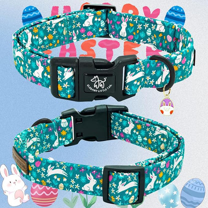 Elegant little tail Easter Dog Collar, Cute Rabbit Pattern Pet Collar Durable Holiday Girl or Boy Adjustable Cotton Pet Collar with Quick Release Buckle for X-Small Puppy