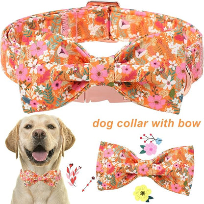 ARING PET Fall Dog Collar with Bow, Cute Daisy Floral Pet Collars with Quick Release Buckle for Puppy Small Medium Large Girl Boy Dogs-M
