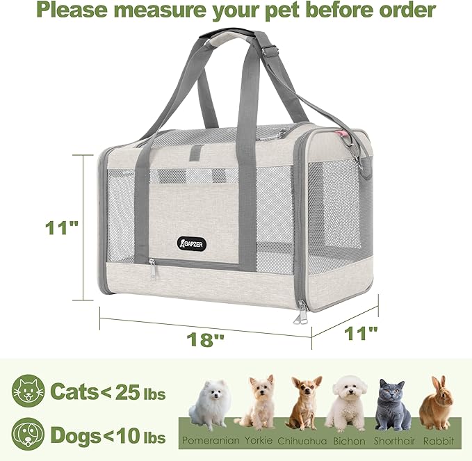 GAPZER Cat Carrier American Airline Approved 18x11x11, Top Opening Sturdy Soft Pet Carrying Bag See Through, Mini Dog Hard Bottom Crate Kennel Case, 4-Side-Ventilation Mesh Cage Toy Poodle Biege