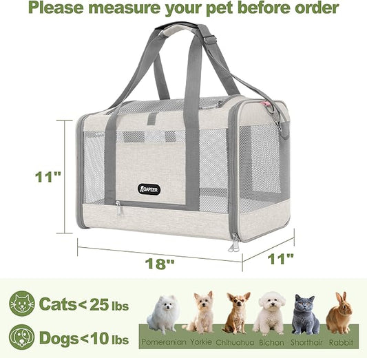 GAPZER Cat Carrier American Airline Approved 18x11x11, Top Opening Sturdy Soft Pet Carrying Bag See Through, Mini Dog Hard Bottom Crate Kennel Case, 4-Side-Ventilation Mesh Cage Toy Poodle Biege