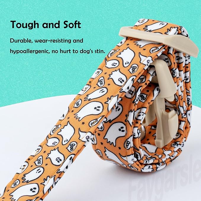 Faygarsle Halloween Ghost Pattern Dog Collar with Charm, Orange and White,for Small Medium Large Dogs M