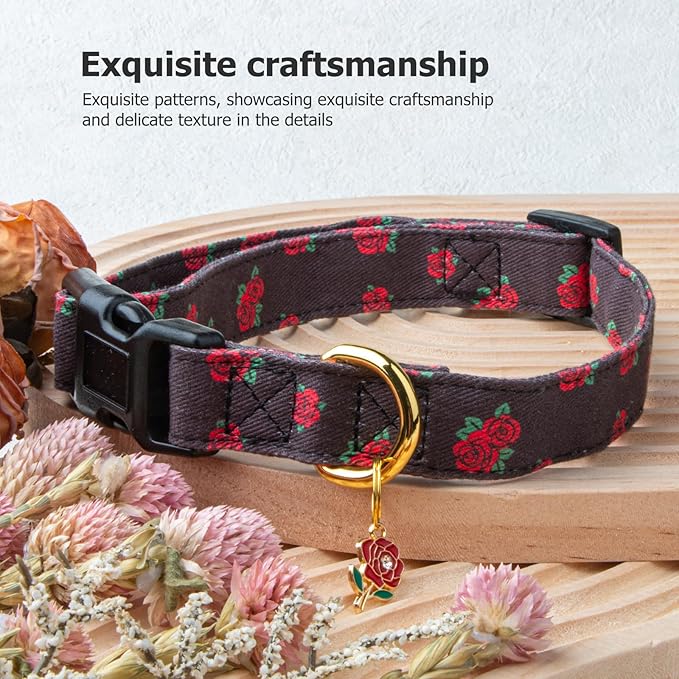 Cotton Handmade Dog Collar Cute and Distinctive Patterns Black Rose with Pendant for Girl Boy Dogs Collars M
