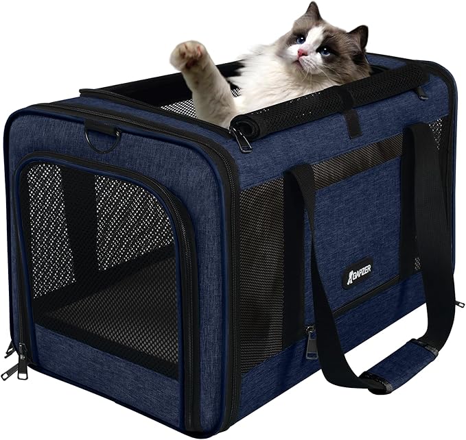 GAPZER Cat Carrier 18x11x11 United Airline Approved, Top Loader Heavy Duty Softshell Pet Flying Bag 18lbs, Small Dog Chihuahua Crate 5-10 Pounds, Kitty Transport Kennel, Miniature Poodle Case Navy