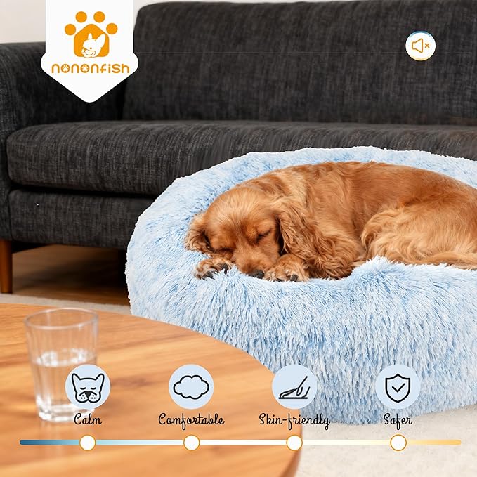 Calming Dog Bed for Medium Dogs Washable Donut 30 inches Anti-Slip Pet Bed,Round Fluffy Plush Faux Fur Cat Bed,Fits up to 45 lbs Pets,Gradient Blue