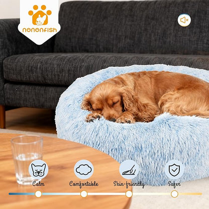 Calming Dog Bed for Medium Dogs Washable Donut 30 inches Anti-Slip Pet Bed,Round Fluffy Plush Faux Fur Cat Bed,Fits up to 45 lbs Pets,Gradient Blue