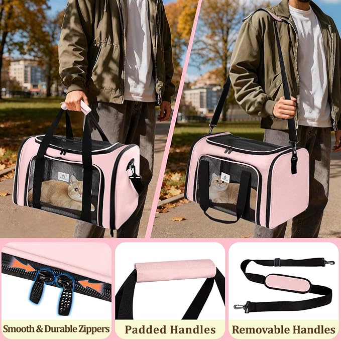DSDCDJ Cat Carrier Dog Carrier - Soft-Sided Cat Carrier with Plush Pad & Cooling Mat, Easy-Load 4-Side Zipper & 3-Side Mesh Ventilation, Pet Carrier Airline Approved for Cats/Dogs Up to 20 lbs, Pink