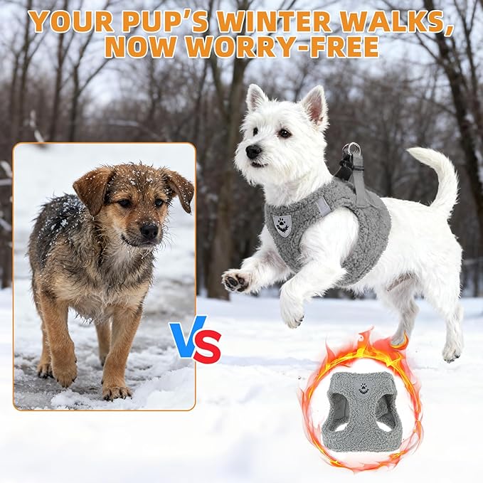 KOOLTAIL Plush Small Dog Harness and Leash Set, Warm Fleece No Pull Puppy Vest for Winter, Lightweight Reflective Step in Pet Harness for Medium Sized Dogs Boy Girl Outdoor Walking Cute Soft, Gray S