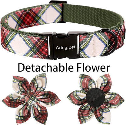 ARING PET Christmas Dog Collar, Cute Xmas Red Green Plaid Detachable Flower Pet Collar with Metal Buckle for Puppy Small Medium Large Boy Girl Dog-M