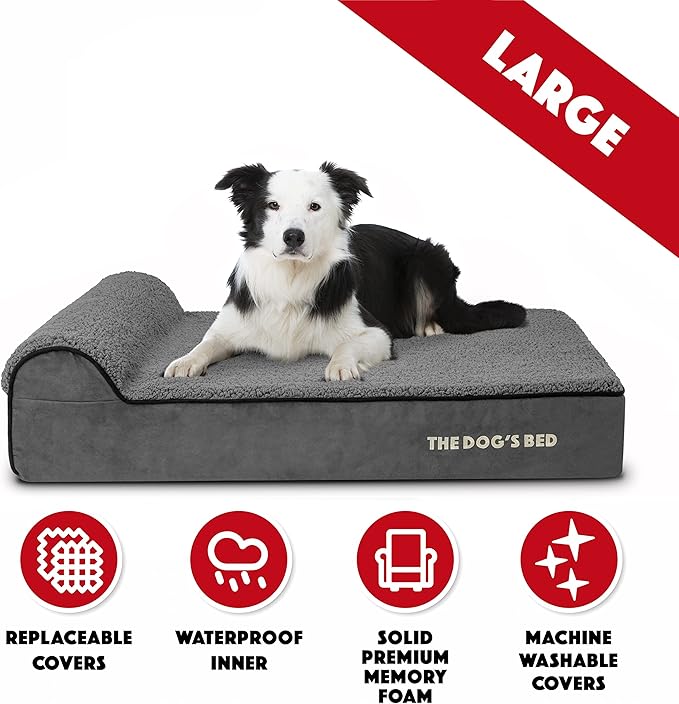 The Dog’s Bed Orthopedic Headrest Dog Bed Large Grey Plush, Memory Foam, Pain Relief for Arthritis, Hip & Elbow Dysplasia, Post Surgery, Lameness, Waterproof Washable Cover, Veterinary Approved
