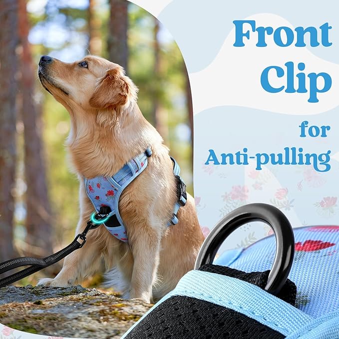 rabbitgoo Dog Harness for Large, No Pull Pet Harness with 3 Buckles, Adjustable Soft Padded Vest with Control Handle, Walking Reflective Pet Vest for Large Dogs, Floral Blue, L