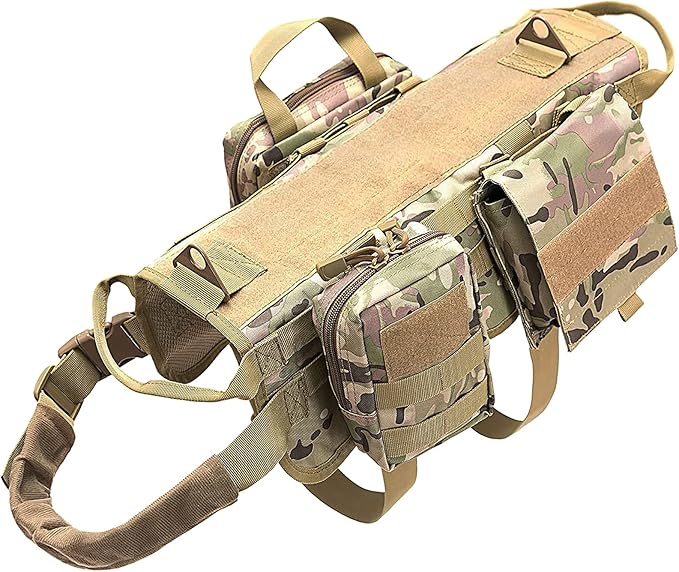 AIWAI Tactical Dog Harness with Pouches,Dog Vest Harness for Large Medium Dogs No-Pull Adjustable Military Dog Harness with Handle Walking Hiking Training (Camouflage, S)