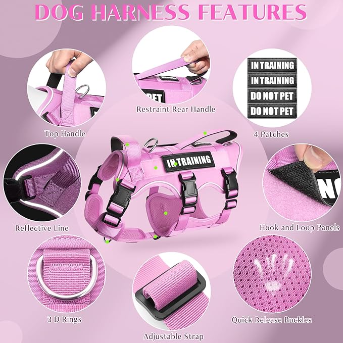 WINSEE Escape Proof Dog Harness, Service Working Molle Harness with Double Handle, Tactical Pet Vest with 4 Patches for Small Medium Large Dogs Walking Hiking Hunting