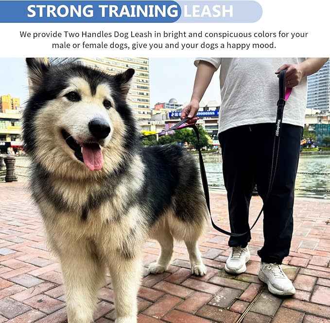 Strong Heavy Duty Dog Leash - 6ft Reflective Nylon Training Leash with Soft Padded Double Handle & Auto Lock Frog Clip - Safety Traffic Control for Large Medium Small Dogs No Pull Walk Black Pink,6ft