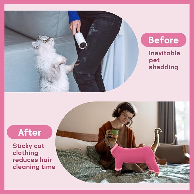 PUMYPOREITY Cat Hair Sticky Sweater, Recovery Suit - Breathable & Lightweight for Post-Surgery Protection, Cat Onsie Prevents Licking Wounds, Pink, 2XL