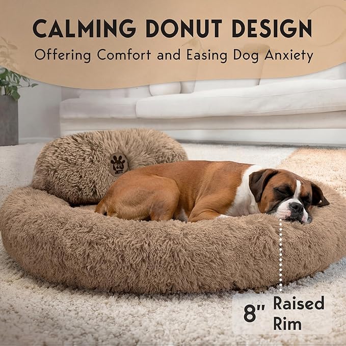 PetJett XL Dog Beds for Large Sized Dog - 45'' Extra Large Dog Bed, Anti-Slip & Washable Super Soft Round Donut Bed, Fluffy Faux Fur Anti-Anxiety Premium Comfort Pet Bed, Fits Dogs up to 120 lbs