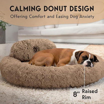 PetJett XL Dog Beds for Large Sized Dog - 45'' Extra Large Dog Bed, Anti-Slip & Washable Super Soft Round Donut Bed, Fluffy Faux Fur Anti-Anxiety Premium Comfort Pet Bed, Fits Dogs up to 120 lbs