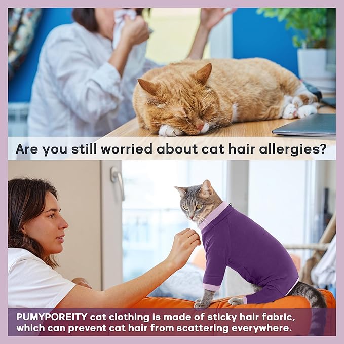PUMYPOREITY Cat Hair Sticky Sweater, Recovery Suit - Breathable & Lightweight for Post-Surgery Protection, Cat Onsie Prevents Licking Wounds, Purple, XL