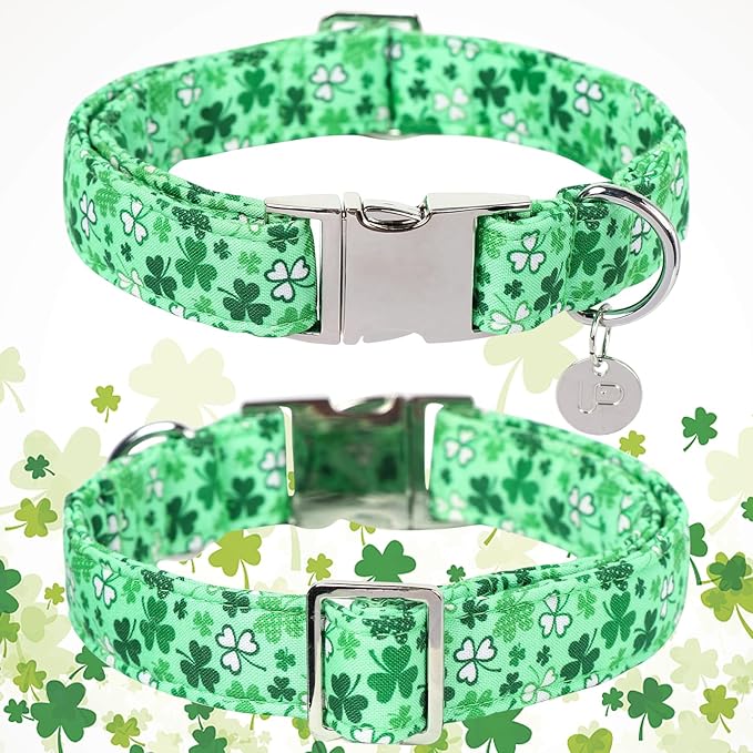 UP URARA PUP St. Patrick's Dog Collar, Cotton St. Patricks Clover Collar for Puppy Girl Boy Dog or Cat, Lucky Shamrock Dog Collar with Metal Buckle, Green, Spring, M