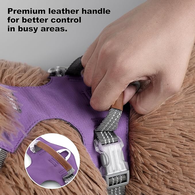ApakBak No Pull Dog Harness – Adjustable Reflective Nylon Vest for Small Medium Large Dogs, Escape Proof Training Harness with Leather Control Handle, Lightweight Aluminum Hardware (Purple, L)