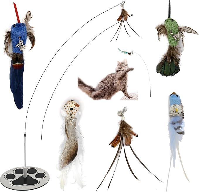 GADGETSOLOGY Interactive Bird Simulation Cat Toy Set Interactive Cat Toys for Indoor Cats Cat Feather Toy 5 Replacement Birds Realistic Feathers & Bells