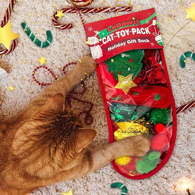 Lepawit Cat Christmas Stocking, 10 Pack Gifts for Christmas, Interactive Feather Toy with Catnip, Cat Ball Toys, Crinkle Balls, Mice Toys for Indoor Cats & Kitten