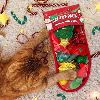 Lepawit Cat Christmas Stocking, 10 Pack Gifts for Christmas, Interactive Feather Toy with Catnip, Cat Ball Toys, Crinkle Balls, Mice Toys for Indoor Cats & Kitten
