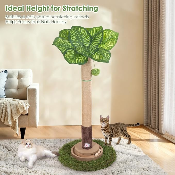 Cat Scratching Post, 35 Inch Tall Cat Scratcher Cat Tree Tower with Hanging Ball for Indoor Cats Adults,Sisal Rope Kitten Scratch with Interactive Mouse Cat Toy