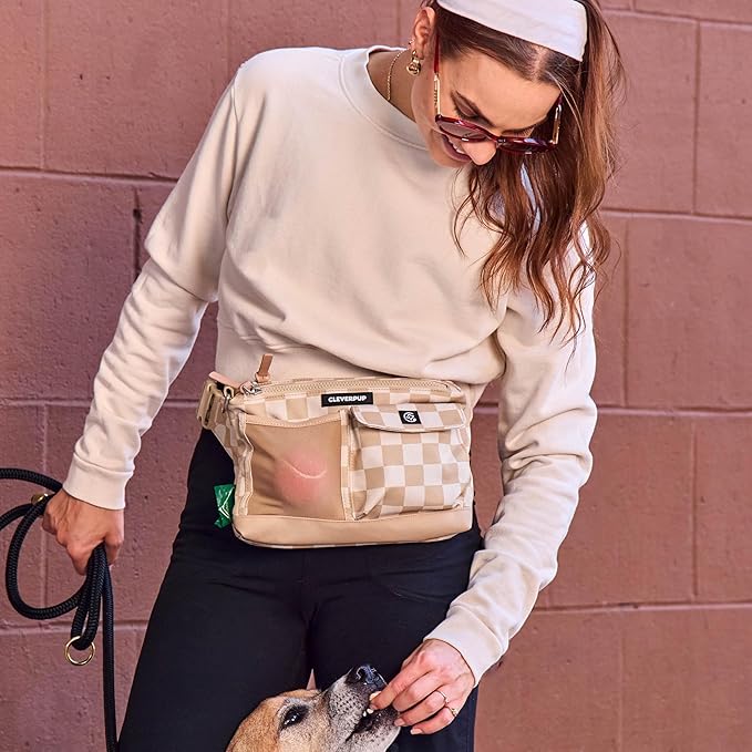 Cleverpup Dog Walk & Train Sling Bag - Hands-Free Dog Walking & Training Bag with Treat Pouch, Poop Bag Holder & Phone Pocket - Crossbody or Fanny Pack, Adjustable Strap - Checkerboard