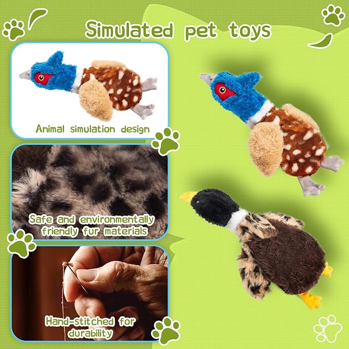 Calibonbon 2-Pack Stuffing-Free Squeaky Dog Toys – Pheasant & Duck Plush (4 Squeakers Each) | Durable Hollow Body for Medium Dogs | No Stuffing, Safe & Mess-Free