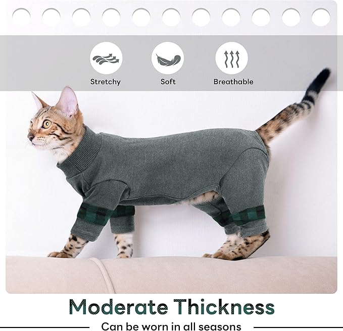 PUMYPOREITY Cat Pajamas, Stretchy 4-Leg Design with Back Buckles for Easy On/Off, Soft Cat Recovery Suit Reduce Wound Licking After Surgery, Kitten Onesie - Machine Washable, XS, Grey