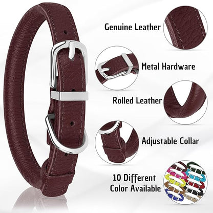 OOPSDOGGY Rolled Leather Dog Collar Soft Roll Collars for Small Medium Large Dogs Puppy (Burgundy, XS, 8"-11")