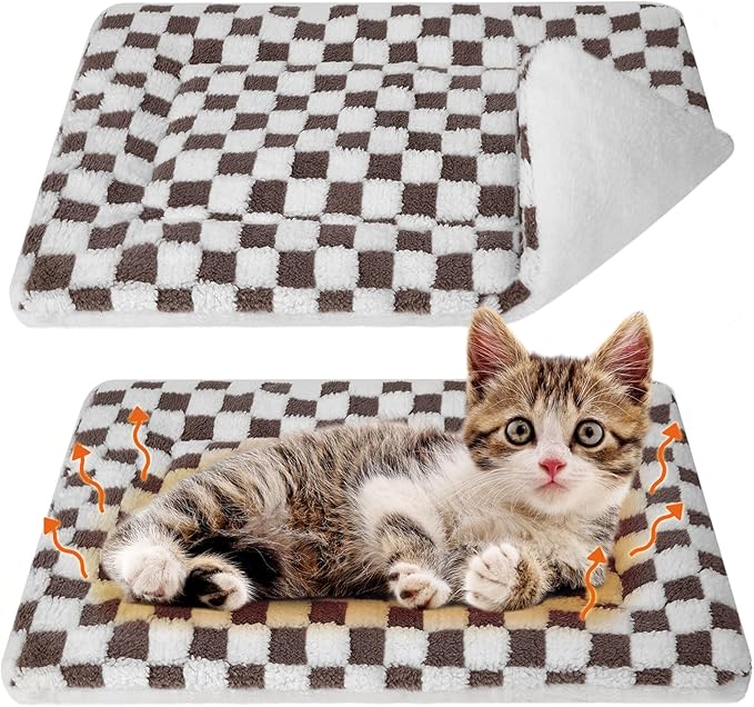VitalCozy 2 Pack Self Warming Cat Mat Self Heating Pad Bed Reversible Machine Washable Reflects Body Heat Warm Thermal Pet Pad Crate Blanket for Feral and Indoor Cat(Dark Brown,21" X 14",Plaid)