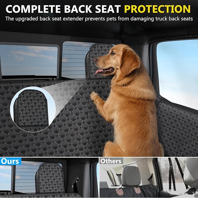 DIAMOOKY Truck Back Seat Extender for Dogs, Upgraded Waterproof Pet Seat Cover with Door Protection, Hard Bottom, Holds 420lbs, Dog Hammock for F150/Silverado 1500/GMC Sierra 1500/RAM 1500/Titan