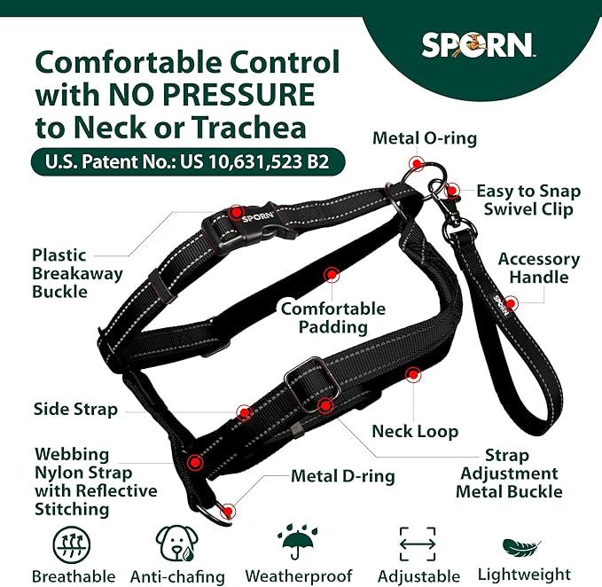 SPORN Ultimate Control No Pull Dog Harness for Large Dogs - 4-in-1 Adjustable L/XL Dog Harness with Front, Back & Dual-Clip Options & Emergency Grab Handle - Easy On/Off, Padded Comfort (Black, L/XL)