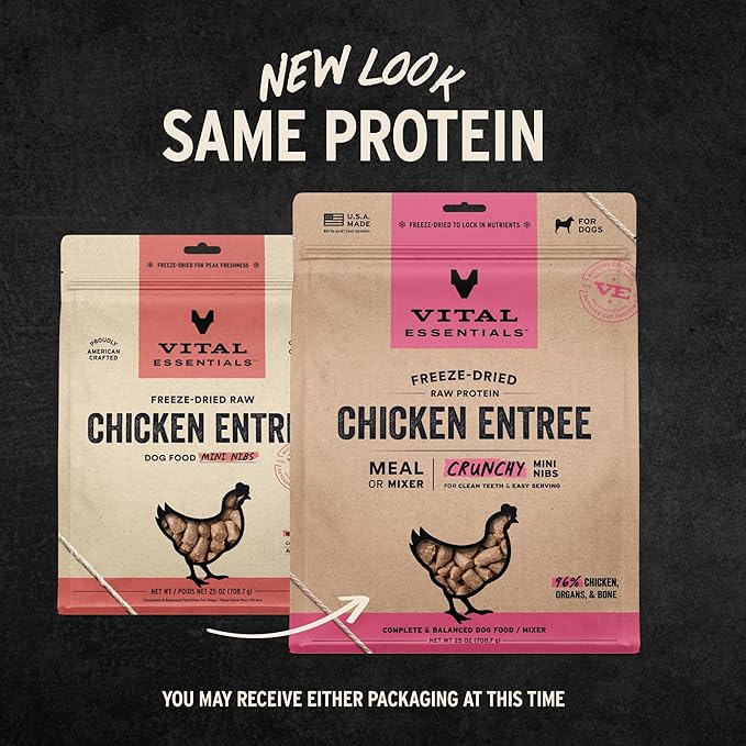 Vital Essentials Freeze-Dried Raw Dog Food, Chicken Crunchy Mini Nibs | Complete Meal or Mixer | High Protein Dog Food | 25 oz