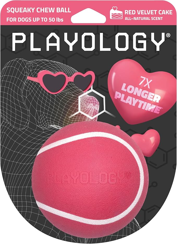 Playology Dog Toys | Squeaky Chew Ball - Bouncy Durable Floating Fetch Ball for Dogs | Medium Red Velvet Cake Limited Edition Valentine's Toy - Easy to Clean and Made from Non Toxic Materials