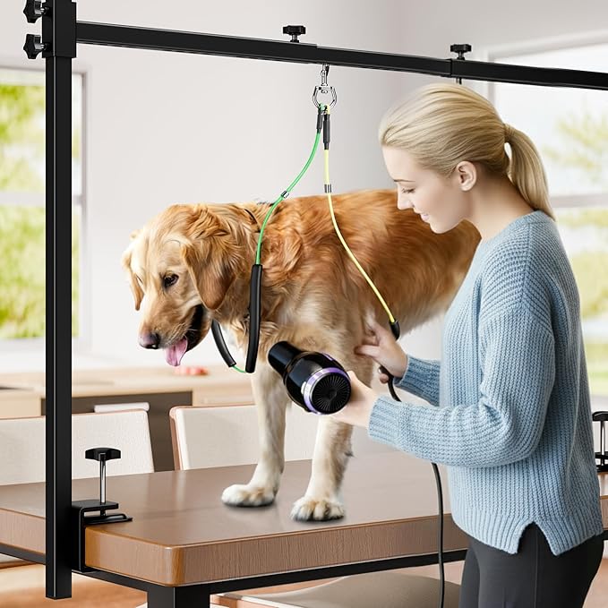 Dog Grooming Arm for Table, S Size, Adjustable 42" Height & 35"–44" Width, H-Shape Stable Grooming Stand, Clamp Fits up to 2.76", with Hammock & 2 Nooses for Home Grooming & Nail Trimming