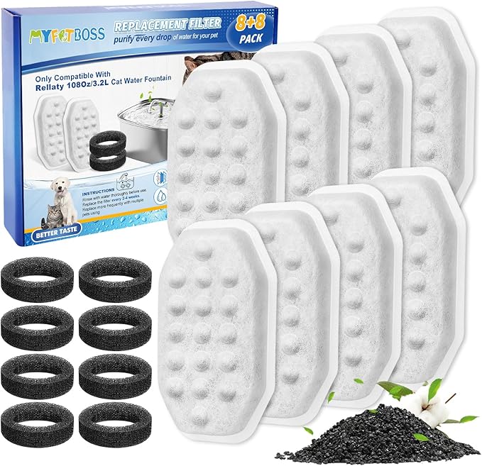 MyfatBOSS Pet Water Fountain Filters Compatible with Rellaty & Fit for Neareal 108oz/3.2L Automatic Dog Water Dispenser, Cat Filters for Bowl, 8+8 Pack