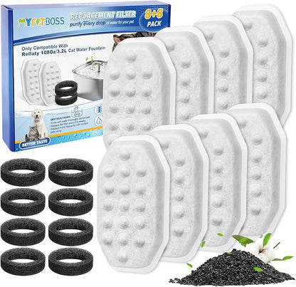 MyfatBOSS Pet Water Fountain Filters Compatible with Rellaty & Fit for Neareal 108oz/3.2L Automatic Dog Water Dispenser, Cat Filters for Bowl, 8+8 Pack