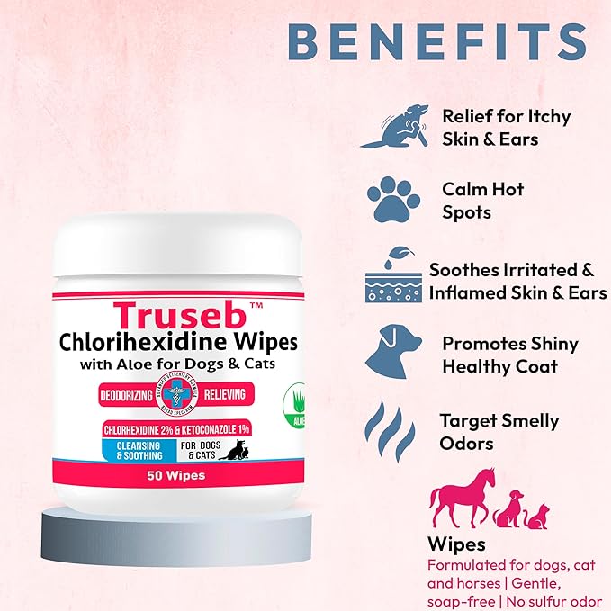 Pet Health Pharma Truseb Topical Ketoconazole and Chlorhexidine Wipes for Dogs, Cats and Horses - with Aloe for Cleansing - 50 Count (Ketoconazole & Chlorhexidine Wipes, 50 Count)